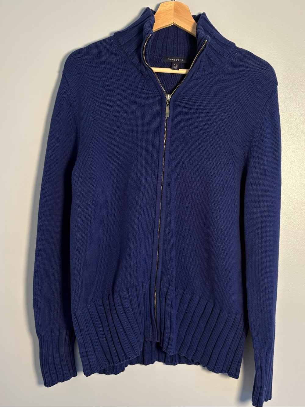 Lands' End Women's Blue Heavy Knit Zip Front Cardigan Sweater 100% cotton-Large